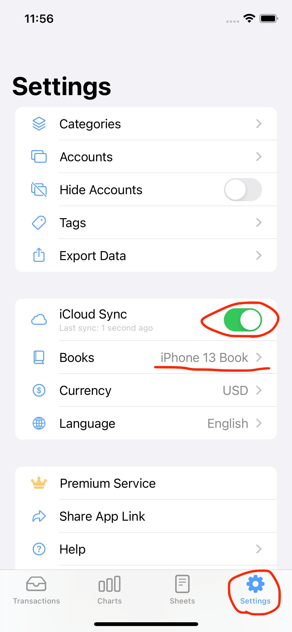 iCloud sync setting on iPhone