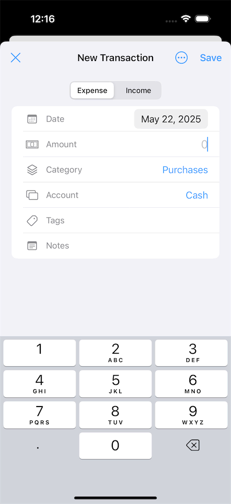 New transaction screen on iPhone