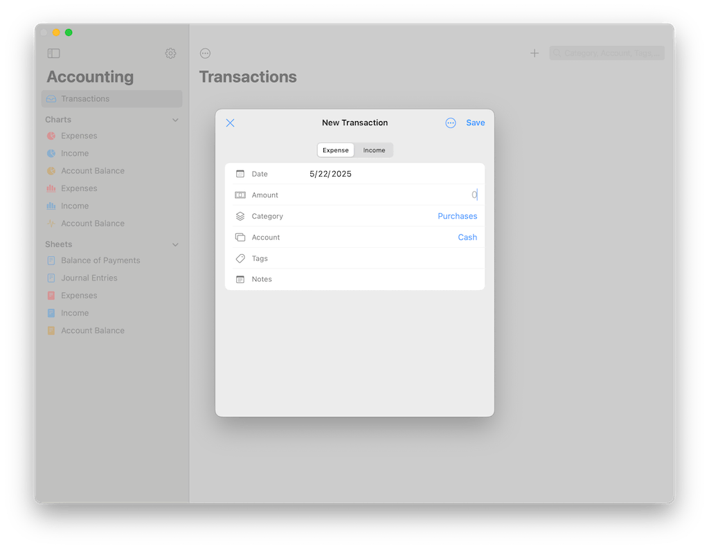 New transaction screen on Mac