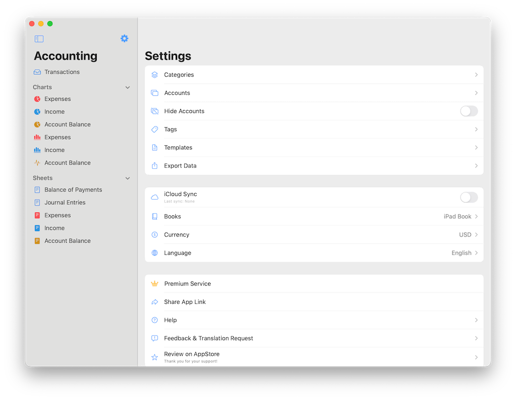 Settings screen on Mac