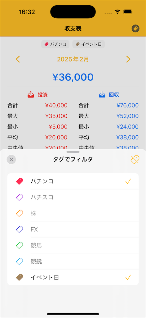 タグのフィルタ機能の画面