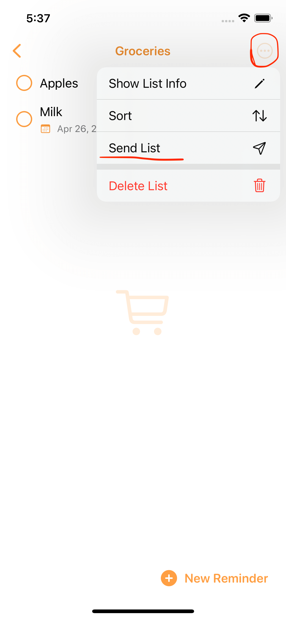 Send List menu screenshot